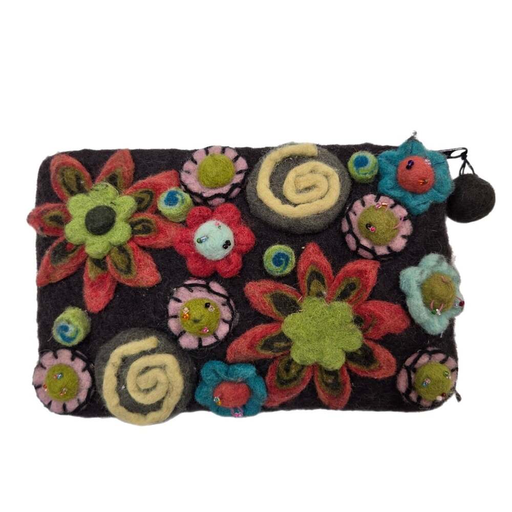 Rising Tide Nepal 100% Wool Felted Beaded Floral Boho Clutch Bag Pouch